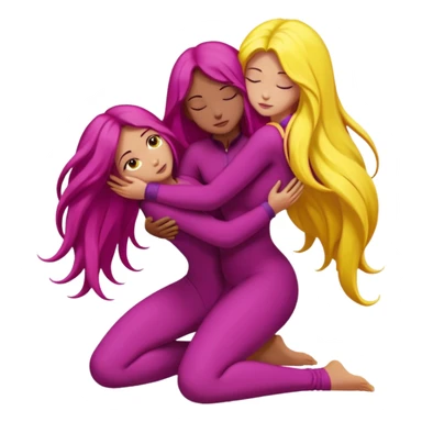 One figure is dark magenta and is kneeling.
	•	The other figure is yellow with long hair and is being held, with their arms around the magenta figure’s neck.
	•	The yellow figure’s legs wrap around the magenta figure’s waist, suggesting a close, intimate embrace. sticker