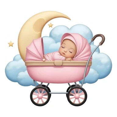 sleeping baby in pink and beige stroller with crescent moon and stars above with pastel blue clouds sticker