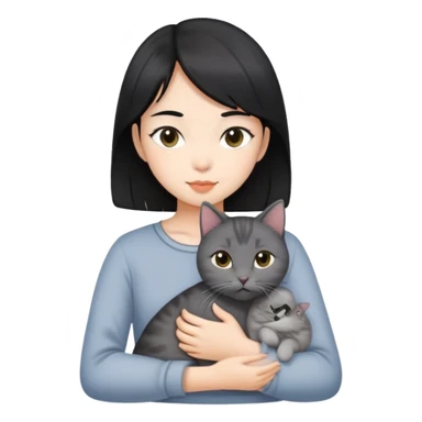 Black hair Asian girl with a grey domestic short hair cat sticker