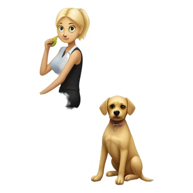 Small black dog sitting in an office with a pretty blonde woman waiting for lunch sticker