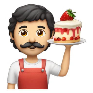 a guy whith black hair white skin a growing beard and a moustache eating a flan patissier whithout strawberry sticker