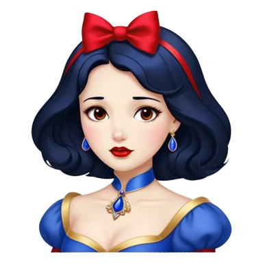 Cinematic Stunning Snow White Portrait Emoji, Fair skin glowing like porcelain, ruby-red lips, deep brown eyes full of kindness, raven hair framed by her iconic red bow, wearing her royal blue and gold gown, exuding timeless beauty and grace! sticker