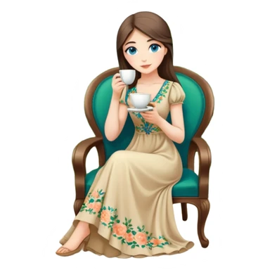 Turkish beautiful finish Konya girl blue eyes with Beautiful beige green floral long tail dress and this two friends sit in a lovely garden on the chair on the ground and holds cup coffe with her hand  sticker