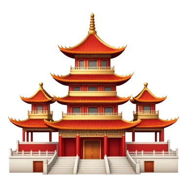 Traditional Chinese architecture with pagoda roofs, red columns, ornate details sticker