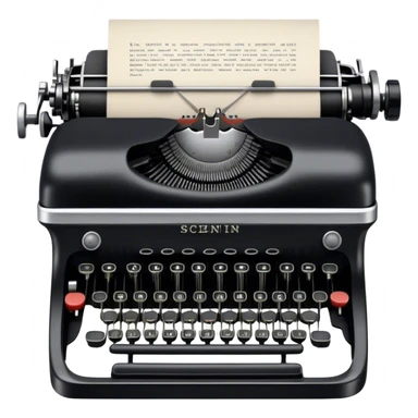 Create an emoji representing screenwriting. The design should feature an open script with visible dialogue and action lines, symbolizing the writing of a screenplay. Include a classic typewriter or a modern writing device, such as a laptop, to signify the process of creating a script. Add a vintage film camera next to the script to emphasize the cinematic aspect of screenwriting. Use a professional color palette with black, white, and subtle metallic tones. Do not include any emojis or smiley faces. Make the background transparent. sticker