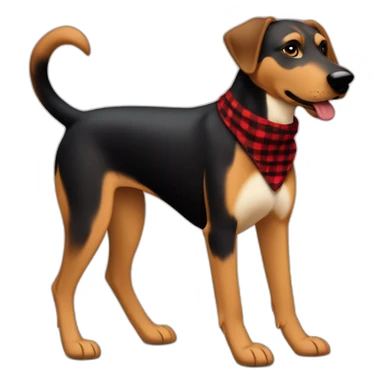 adult 75% Coonhound 25% German Shepherd mix dog with visible tail wearing small pointed red buffalo plaid bandana full body walking left quickly sticker