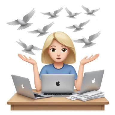 tired woman sitting at a desk with a MacBook, holding her arms out to the side, surrounded by flying papers sticker