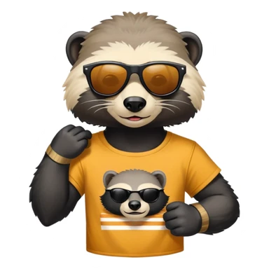 friendly anthropomorphised honey badger, close crop showing head, neck, and top of t-shirt with a graphic print, wearing sunglasses sticker