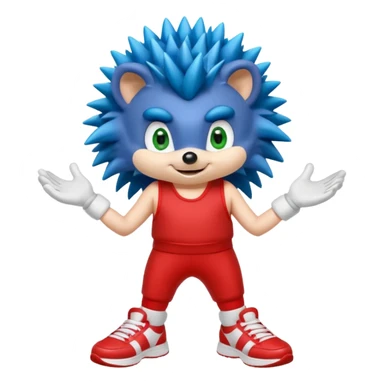 Blue anthropomorphic hedgehog, spiky hair, large green eyes, confident smile.Wearing red sneakers with white straps and white gloves. sticker