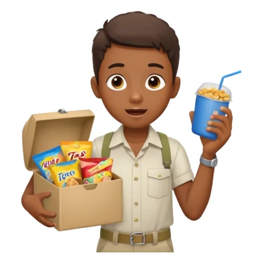 A young vendor boy with a snacks box strapped to his chest, calling out loudly. sticker