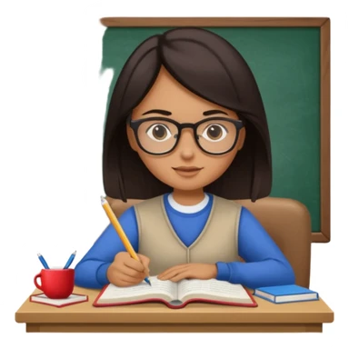 A student with dark hair is reading a book and taking notes in a notebook. There are also papers and textbooks on the table. sticker