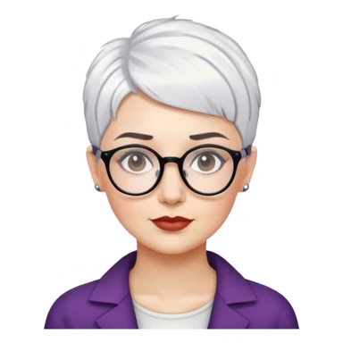 White woman with cropped short pixie white hair, dark brows, glasses sticker