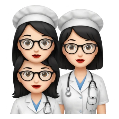 Genera un emogis con cuatro enfermeras pelinegra juntas, entre ellas una con lentes y otra con lunar encima del labio sticker