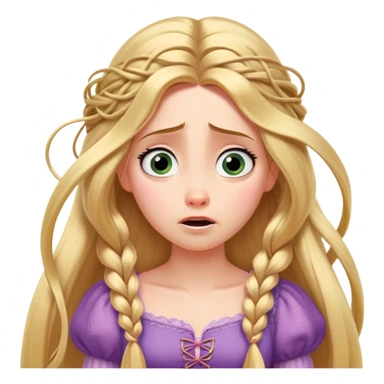 Cinematic Funny Rapunzel Portrait Emoji, Looking exhausted while tangled in her own hair, a dramatic sigh, eyes rolling with humorous exasperation, a hilariously relatable moment for the long-haired princess! sticker
