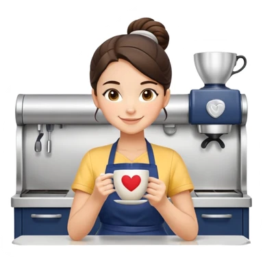 Cute brunette barista girl with hair in a bun wearing yellow shirt and dark blue apron, she's relaxed and making heart-shaped latte art, smiling at the coffee cup with a heart design in the foam sticker