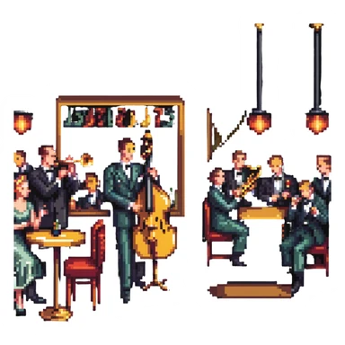 1940s jazz nightclub scene, pixel art style, no text sticker