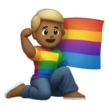 Full body Person holding fist up kneeling on ground rainbow flag behind sticker