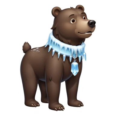 Realistic dark brown bear on four legs with a frozen ice collar that has icicles protruding downward, shaped like a large dog collar but made of crystal clear ice sticker