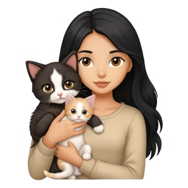 Beautiful girl with long black hair holding a cute kitten in her arms sticker