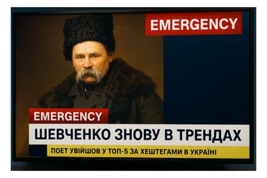 A realistic screenshot of a television news broadcast with an emergency report about Ukrainian poet Taras Shevchenko.
A downloaded image was used in the composition.
In the lower third of the screen, the headline "Шевченко знову в трендах" is displayed in large bold font,
and below it is a concise news ticker with the text "Поет увійшов у ТОП-5 за хештегами в Україні",
which provides brief updates.
The colour palette is clear and professional, with contrasting tones
characteristic of authoritative news channels.
The entire scene conveys the urgency and drama inherent in live news broadcasts. sticker