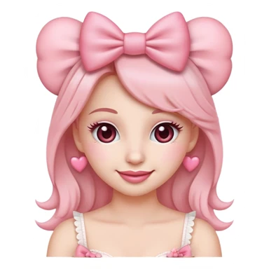 Ultimate coquette emoji with big pink bow, rosy cheeks, batting eyelashes, sweet smile, heart accents, ultra feminine, dainty, soft pink color palette sticker