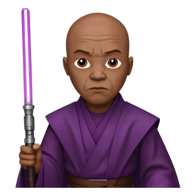 star wars master windu bald head, no facial hair, brown jedi outfit with purple lightsaber sticker