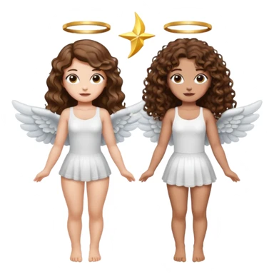 fake angel pose — long wavy brown hair tattooed woman and short tight curly brown hair woman — halo sparkle sticker
