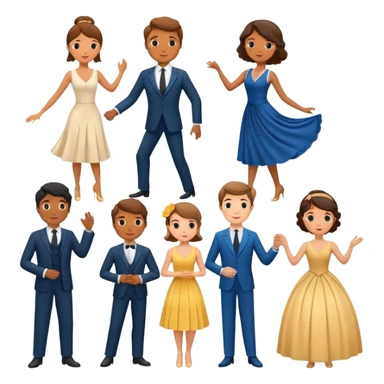 A theater set containing three couples, a suit and dress pair, a philosophy professor and dance teacher, and a young French couple, bufo model sticker