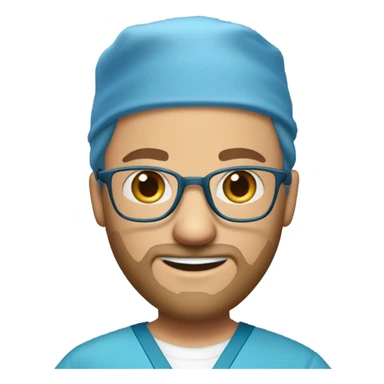 male blond doctor in scrub cap with grey van dyke beard with hazel eyes and small wire-rimmed glasses in blue scrubs holding a large paintbrush sticker