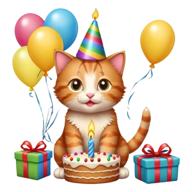 Ginger tabby kitten celebrates birthday, birthday hat, birthday cake, one candle, balloons, happy, gifts sticker