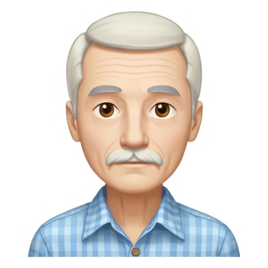 Skinny man in his 70s with fair skin. Long narrow face. Gentle light brown eyes. Fine straight white hair with light bangs touching eyebrows. Thin eyebrows. White goatee connected to mustache. Slender appearance. Wearing a light blue and beige checkered button-up shirt. sticker