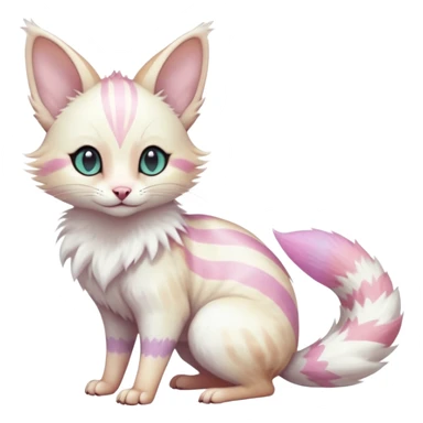  cute adorable white albino fur with random colorful iridescent markings beautiful elegant pretty precious cute  Fakémon-Pokémon-alien-opossum-feline-serval-caracal-chinchilla-Minccino-hybrid-creature with a big fluffy bushy striped tail (full body) sticker