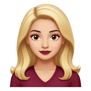 Puerto Rican actress Linette Torres with warm light skin, attractive elegant features, expressive eyes, well-defined eyebrows, straight nose, friendly smile, long blonde hair, wearing a fashionable burgundy top sticker