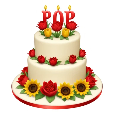 A large three teir cake with first mayer decorated with roses, second with Sunflowers and third with Tulips and Happy Birthday Dear written on top. sticker