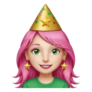 A girl with long pink hair and green eyes with long eyelashes and a smiley face. She has freckles and a lit of bit of pink lipstick on her mouth, she’s also got a full gold birthday party hat on her head with gold pom poms on top of it, and her T-shirt is all red, she wore gold star earrings  sticker