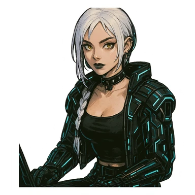  she is wearing armor, maximum power , except instead she's giving a victory salute, [[[except it's a black cat typing at a laptop]]], a closeup portrait of young woman with gold yellow eyes, white hair, long braid, black off-shoulder top d-cup, punk gothic style, futuristic cyberwave cyberpunk, sitting position
 sticker