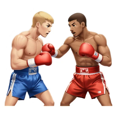 Two professional boxers in the ring fighting for the world championship title. One delivers a powerful straight punch to the head, while the other skillfully dodges. The background shows a brightly lit boxing arena with a roaring crowd. Transparent background sticker