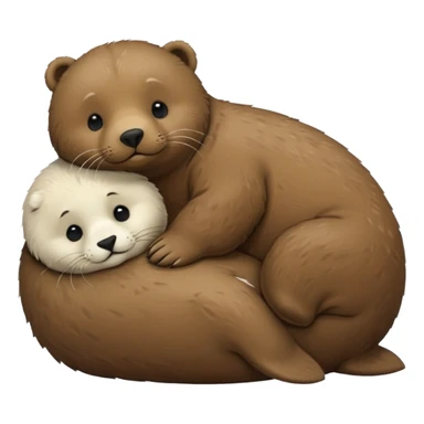 tiny white seal laying on a big brown bear’s belly sticker