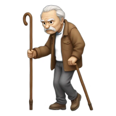 Old man leaning on a walking cane and holding his crancky back with his hand grumpy face, detailed sticker