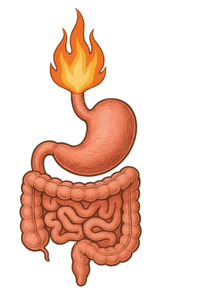 intestino e stomaco sono collegati, con una fiamma che brucia sopra, isolate su sfondo bianco sticker