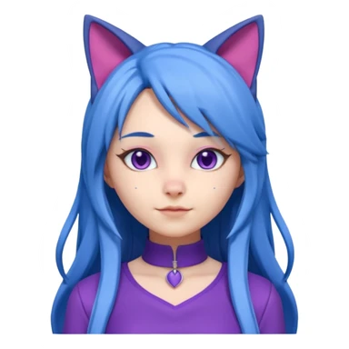 The image is a 3D rendering of a female character with long blue hair and cat ears on her head. She is wearing a purple outfit with a high neckline and long sleeves.  sticker