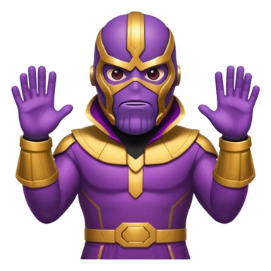 emoji style Thanos with purple skin, strong jaw, Infinity Gauntlet, dressed as Squid Game guard with red jumpsuit and black mask with triangle, minimal, bold, playful, bright colors sticker