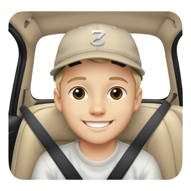 smiling boy in car interior with backwards hat sticker