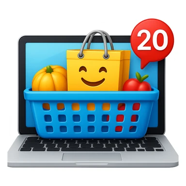 Create a high fidelity emoji style variant with smooth edges featuring a laptop instead of a desktop, keeping the shopping basket and emoji shopping bag as in the reference image. sticker