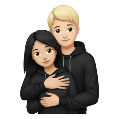 Joven de pelo rubio corto y piel blanca con poleron negedro abrazando por detrás a una joven de pelo negro largo con partidura al medio, de piel morena con sus manos en los brazos del joven aceptand su abrazoemoji sticker
