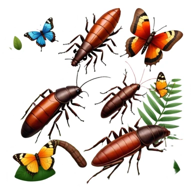 Close-up of giant Madagascar hissing cockroaches, butterflies, and stick insects in their natural habitat. The insects are shown in detail, highlighting their unique textures and colors, surrounded by plants and leaves. Soft lighting to enhance their features. Transparent background. sticker