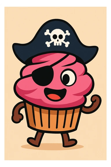 a playful cartoon style cupcake with a pirate hat and eye patch sticker