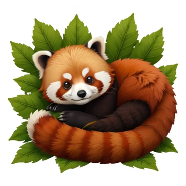 incredible cite ultra furry, hyperrealistic, red panda, napping curled up on a bed of different brown and green dried leaves, still life, isolated, must have a transparent background, 4k. Must not be poor quailty, must be high resolution, must not be blurry, no emoji faces, no emoji icons, dpi 300 sticker