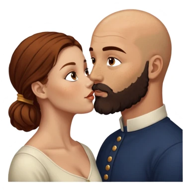 Couple. Bald man with dark brown-black beard. White woman with many small, faded freckles, she has white skin and she has auburn-brown-cinnamon, dark long hair. She has light brown eyes. The man have hazel eyes. She have light eyes. Retro style. She kisses him. Dark akademia. sticker