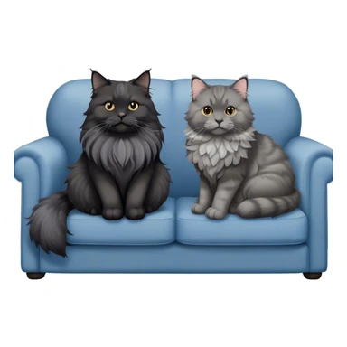 A large black smoke Maine Coon cat with long grey ear tufts and a fluffy grey ruff, sitting next to a chubby British Shorthair cat in blue color with plush fur, both sitting comfortably on a sofa. Beautiful room background with flowers and soft lighting. Transparent background. sticker